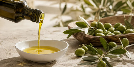 Rich golden-green extra virgin olive oil pouring into a dish beside fresh olives on a pale stone surface in warm daylight