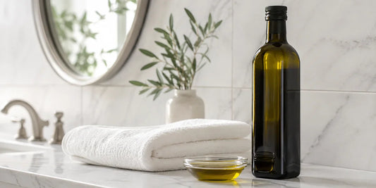 A dark glass bottle of olive oil on a white marble bathroom shelf beside a folded towel and dish of oil
