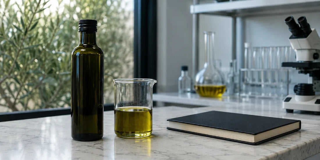 Dark glass olive oil bottle beside a glass beaker of green-gold oil and a closed notebook on a pale stone bench