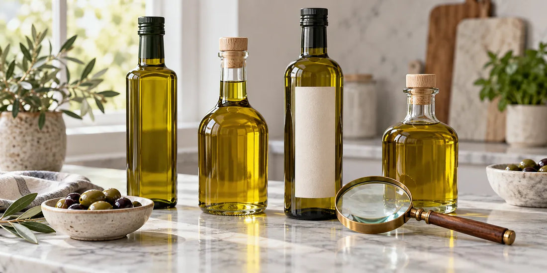 Four unbranded olive oil bottles on a pale marble counter beside a brass magnifying glass and olives