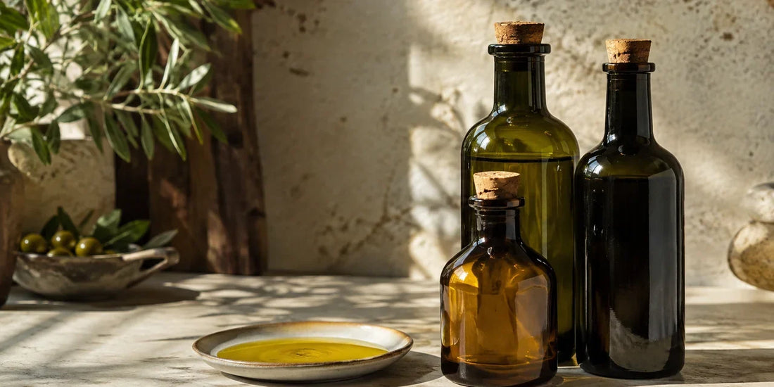 Three dark amber and green glass oil bottles with cork stoppers on pale stone beside golden-green oil
