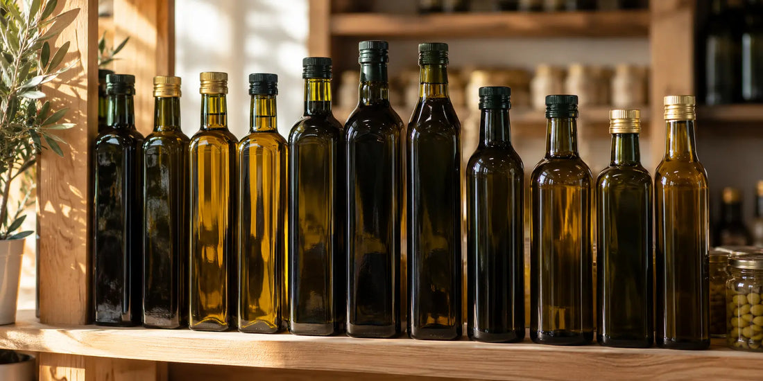 A row of dark glass olive oil bottles on a wooden shop shelf in warm directional light