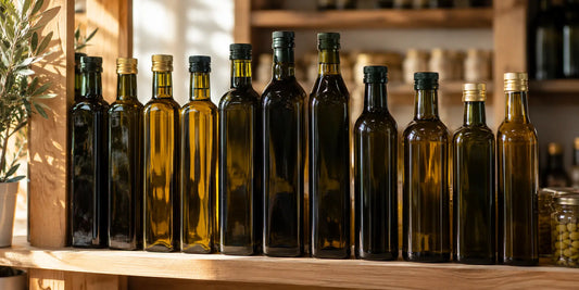 A row of dark glass olive oil bottles on a wooden shop shelf in warm directional light