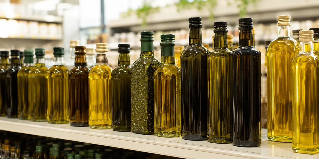 Row of unbranded dark and clear olive oil bottles on a clean bright supermarket shelf in soft directional daylight