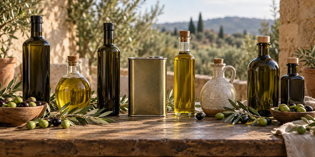Unlabelled olive oil bottles, a tin and a ceramic jar on a rustic wooden table with olive branches