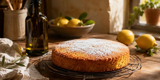A rustic golden olive oil cake on a wire cooling rack beside a dark glass bottle of olive oil and lemons