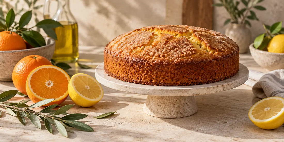 Round golden olive oil cake with crackled sugar top on a stone cake stand beside oranges and lemons