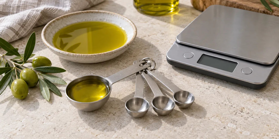 Steel measuring spoons on pale limestone, tablespoon of golden-green olive oil beside a blank kitchen scale and olives
