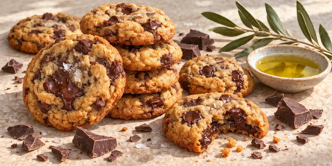 Chewy chocolate chip cookies with crisp golden edges on pale stone beside a small dish of golden-green olive oil