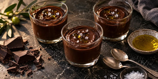 Glasses of glossy dark chocolate pudding finished with drops of golden-green olive oil and flaky sea salt