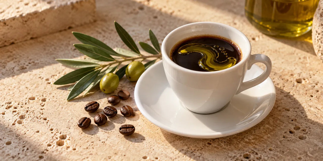 White espresso cup of black coffee with a swirl of golden-green olive oil beside olive leaves and coffee beans