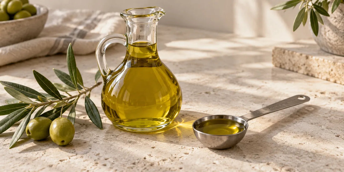 Glass cruet of golden-green olive oil beside a measuring spoon, olive sprig and green olives on pale limestone