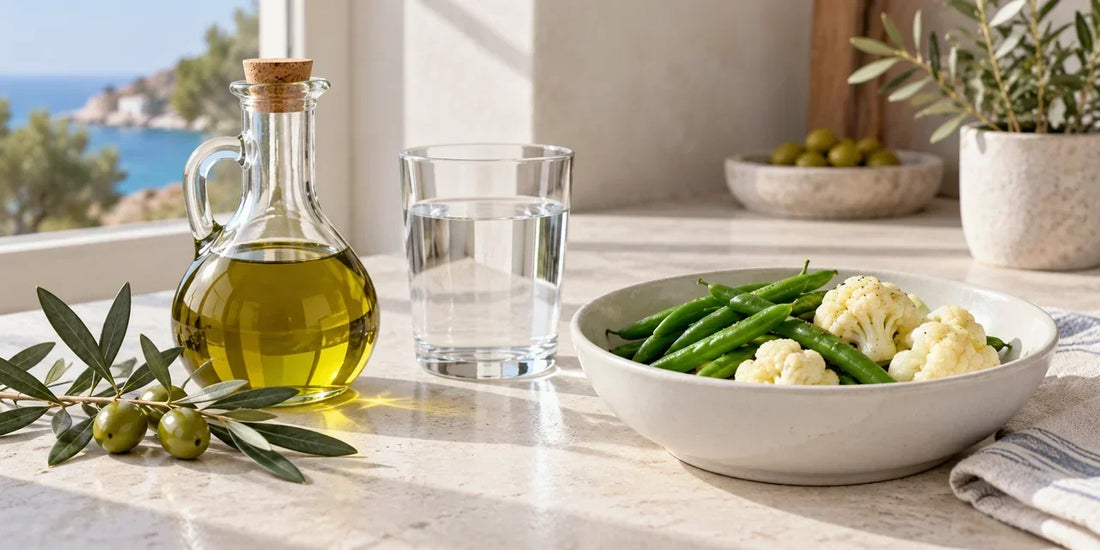 Glass cruet of golden-green olive oil beside a glass of water and bowl of green beans and cauliflower