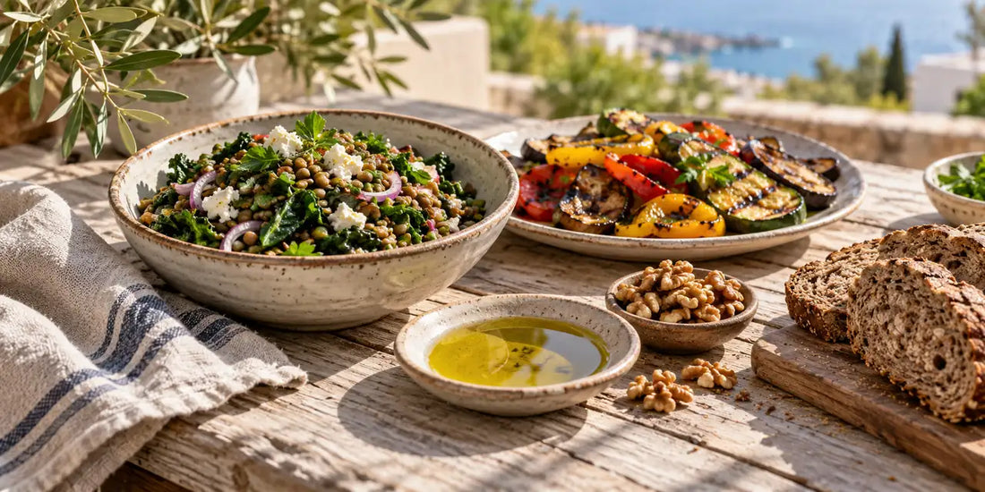 Mediterranean lunch table with lentil salad, leafy greens, wholegrain bread and a dish of golden-green olive oil