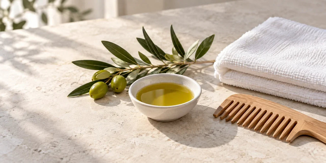 White ceramic dish of golden-green olive oil beside an olive sprig, folded white towel and wooden comb on limestone