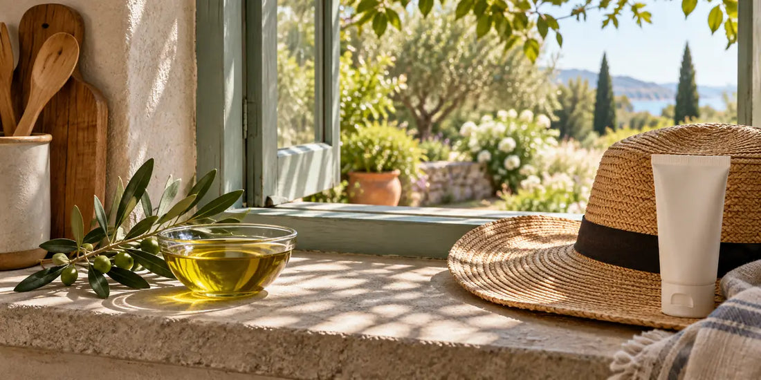 Glass dish of golden-green olive oil beside a straw sun hat and white sunscreen tube on a shaded windowsill