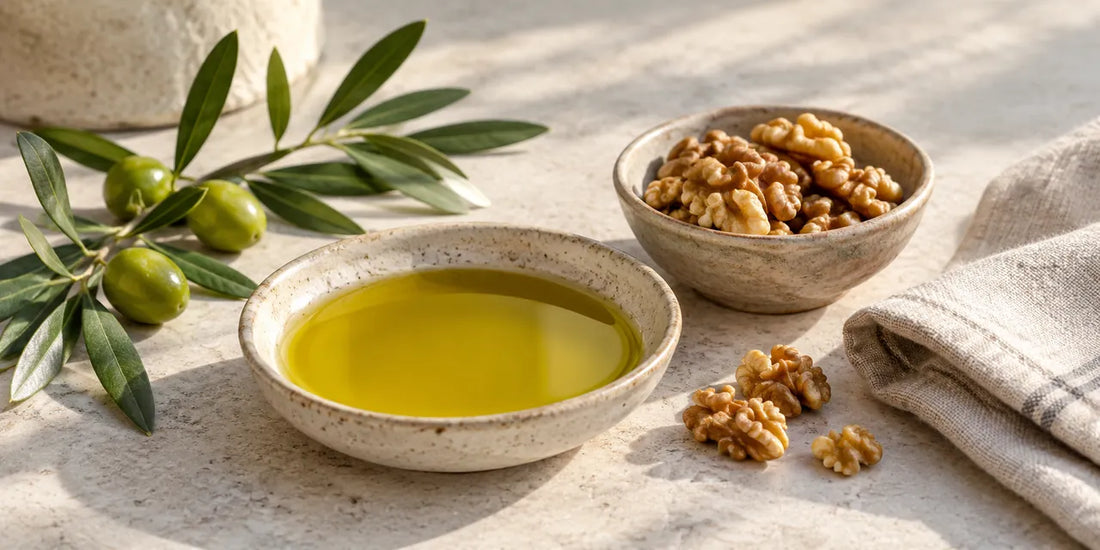 Ceramic dish of rich golden-green olive oil beside shelled walnuts, olive leaves and green olives on pale limestone