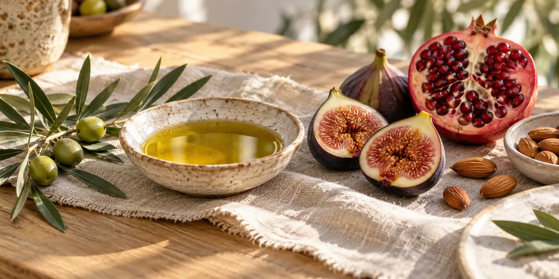 Ceramic dish of rich golden-green olive oil beside halved figs, pomegranate, almonds and olive leaves on linen
