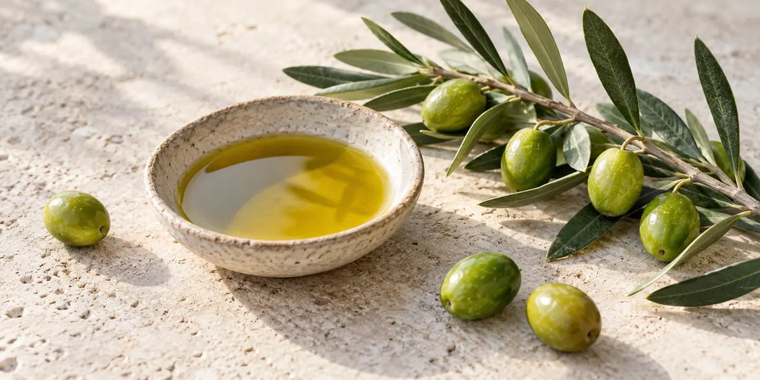 Ceramic dish of rich golden-green olive oil beside an olive branch with green olives on pale limestone
