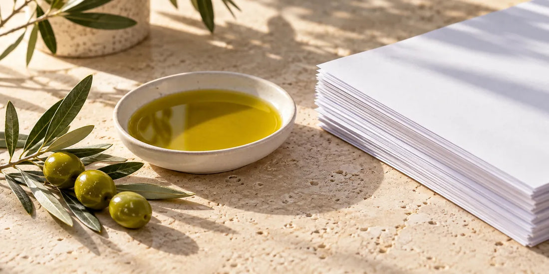 Shallow ceramic dish of rich golden-green olive oil beside an olive sprig and plain printed pages on pale stone