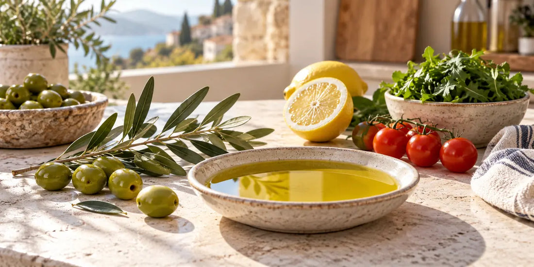 Dish of rich golden-green olive oil beside green olives, olive sprig, lemon, cherry tomatoes and leafy greens on stone