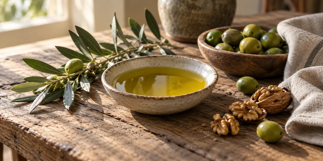 Small ceramic dish of rich golden-green olive oil beside olive leaves, green olives and walnuts on rustic oak