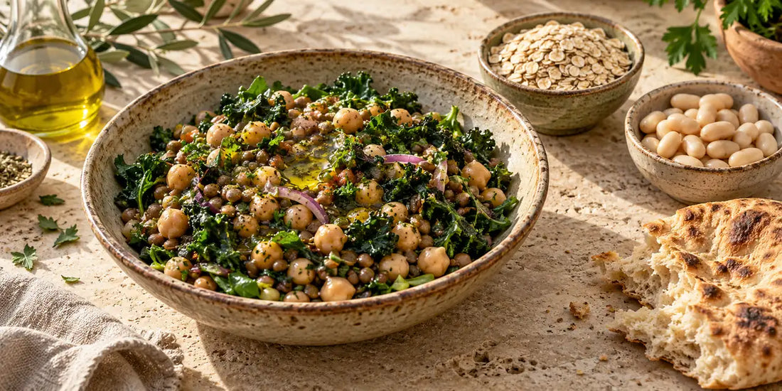 Rustic bowl of lentil, chickpea and leafy green salad drizzled with golden-green olive oil on pale limestone