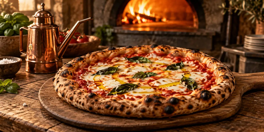 Neapolitan margherita pizza on a wooden peel with a golden-green olive oil spiral beside a copper oil can