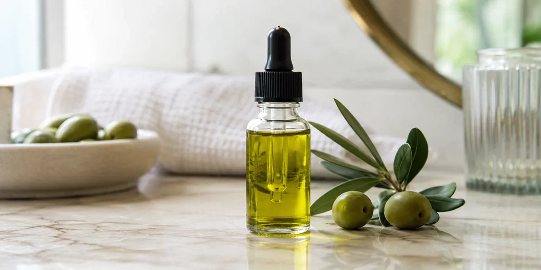 A small glass dropper bottle of golden-green olive oil on a marble vanity with fresh olives