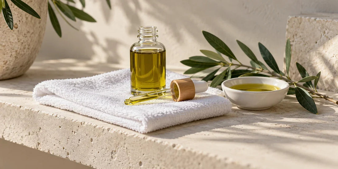 Clear glass dropper bottle of rich golden-green olive oil beside a white towel and olive sprig on limestone