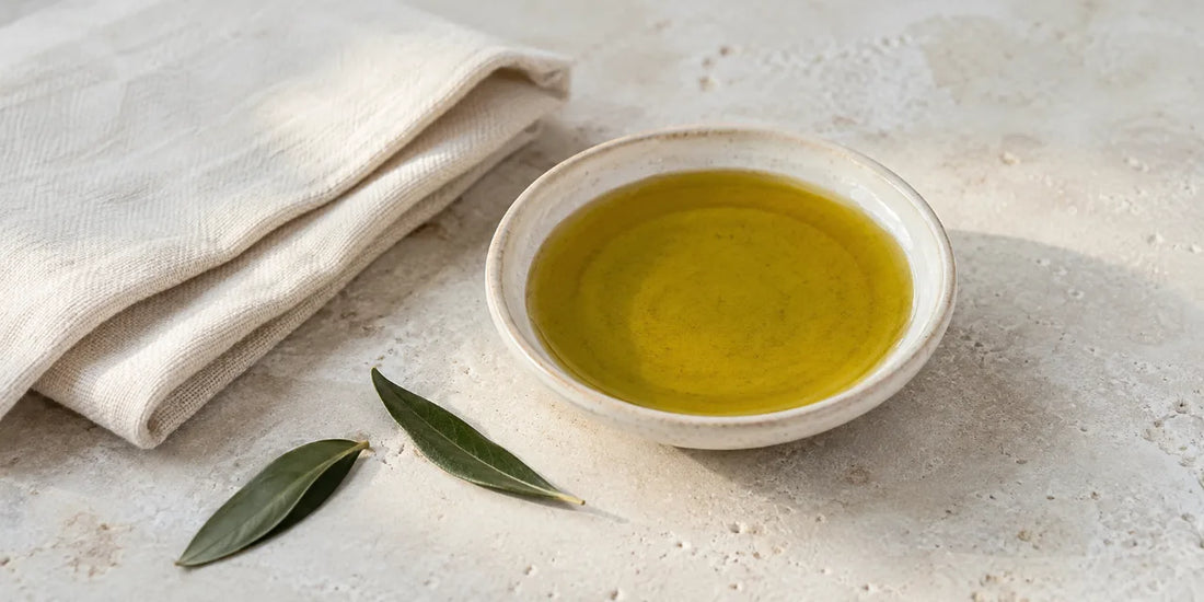 Shallow ceramic dish of rich golden-green olive oil beside a folded cotton cloth and olive leaves on pale limestone