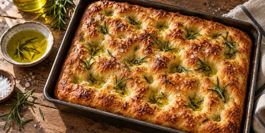 Golden dimpled focaccia in a dark metal tin, glossy pools of green-gold olive oil, flaky salt and rosemary