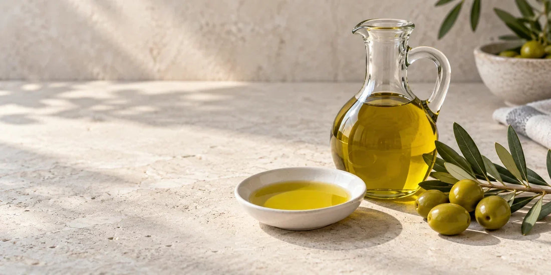 Glass cruet of golden-green olive oil beside a dish of oil, olive leaves and olives on limestone