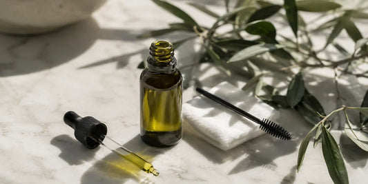 A small dark glass dropper bottle of rich golden-green olive oil beside a cosmetic spoolie brush and cotton pad on pale marble