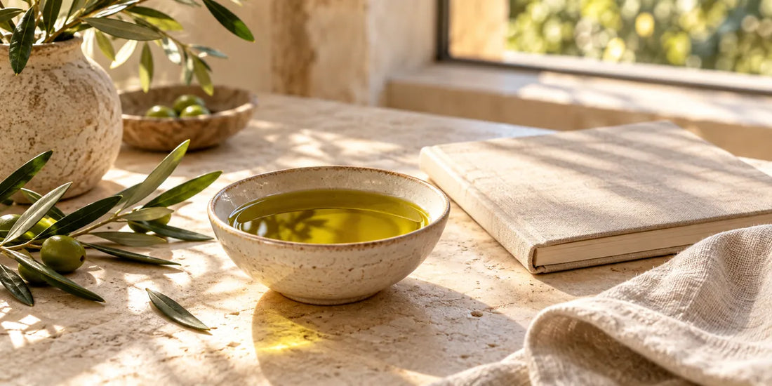 Golden green olive oil in a ceramic dish beside olive branches, a closed notebook and linen.