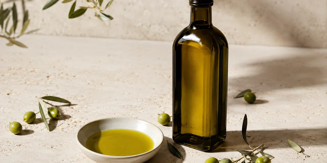 Dark glass extra virgin olive oil bottle of rich golden-green oil beside fresh olives and leaves on pale stone
