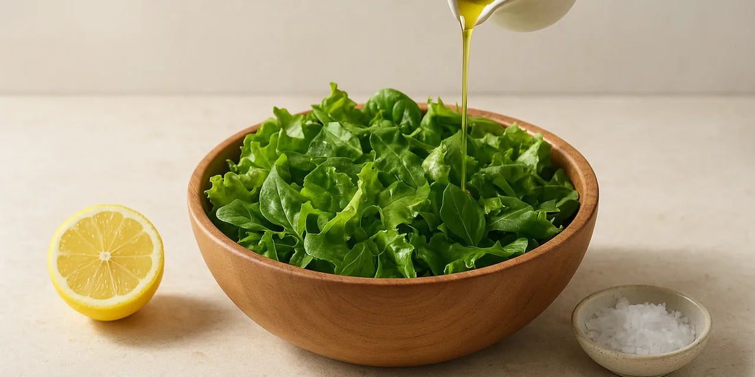 Wooden bowl of mixed green leaves with green-gold olive oil pouring in beside lemon and flaky salt