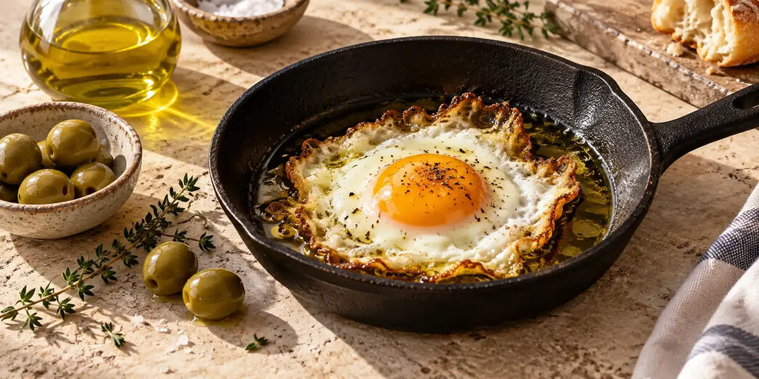 Fried egg with crisp lacy golden edges in a cast-iron pan of golden-green olive oil on limestone
