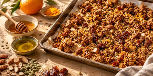 Golden olive oil granola broken into large clusters on a lined baking tray with almonds, pumpkin seeds and chopped dates