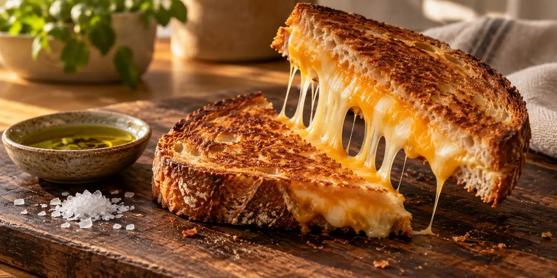 Golden crisp grilled cheese sandwich cut diagonally, melted cheese stretching, beside a dish of golden-green olive oil
