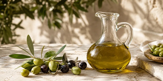 A glass cruet of rich golden-green olive oil beside fresh olives and a sprig of leaves on pale stone