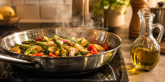 Steel frying pan of vegetables searing on a hob beside a glass cruet of rich golden-green olive oil