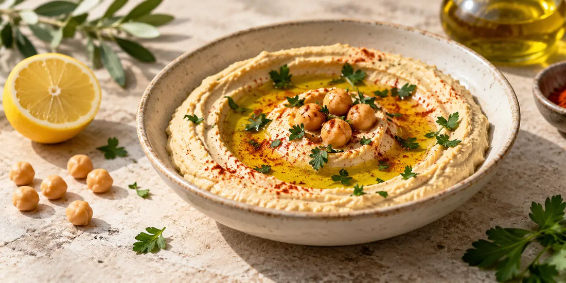 Swirled bowl of creamy hummus with a pool of golden-green olive oil, paprika and chickpeas on pale stone