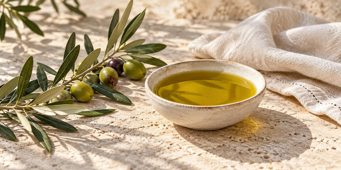 Rich golden-green olive oil in a ceramic bowl beside olive branches and folded linen on limestone.