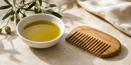 A small ceramic bowl of golden-green olive oil beside a wooden hair comb on a pale stone surface in soft natural light