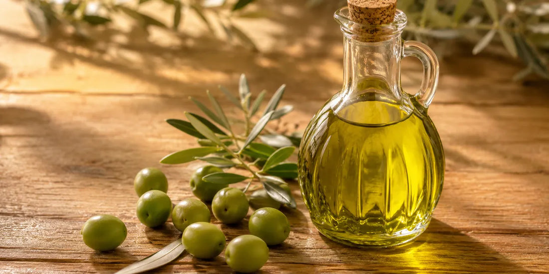 Vivid green-gold extra virgin olive oil in a glass cruet beside fresh green olives and leaves on warm wood