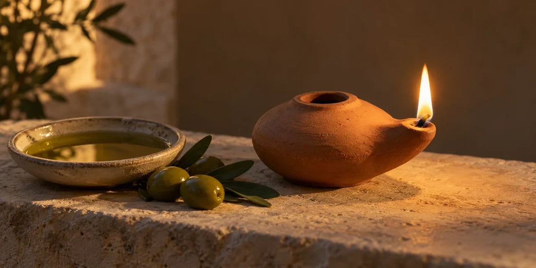 Lit terracotta oil lamp with a small flame beside a dish of golden-green olive oil and olives on stone