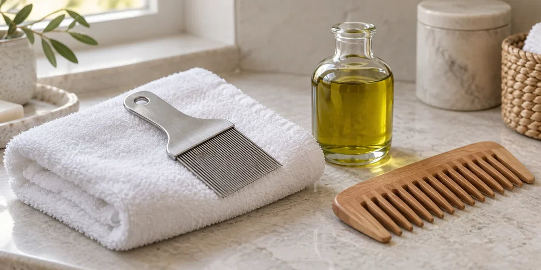 Steel detection comb on a folded white towel beside a glass bottle of olive oil and wooden comb