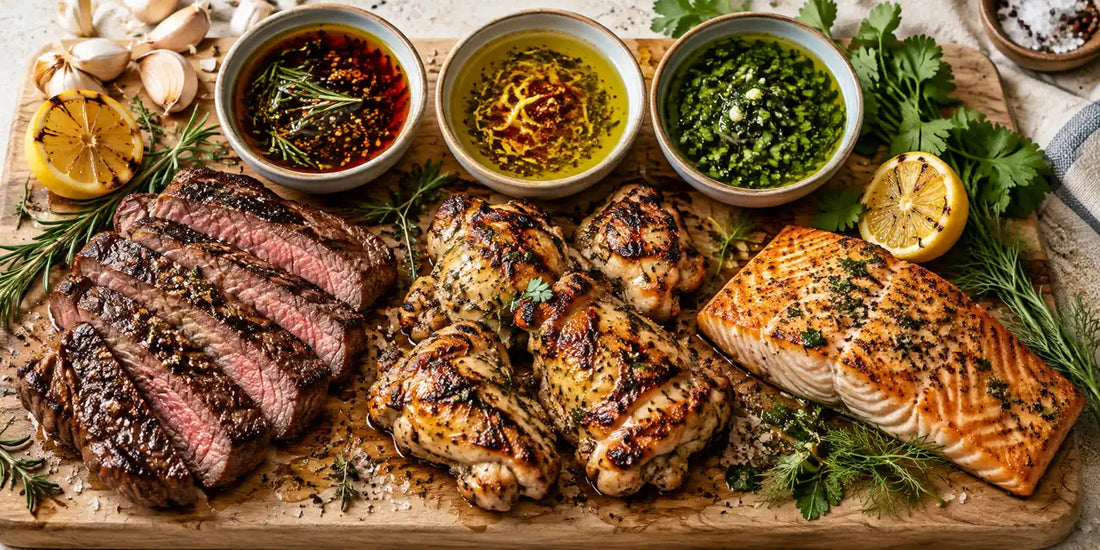 Three bowls of olive oil marinade beside sliced grilled steak, grilled chicken thighs and seared salmon on oak