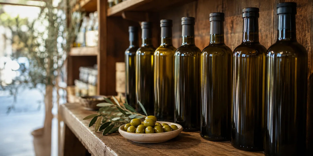 Bottles of olive oil on a wooden deli shelf beside fresh olives and leaves in warm directional daylight